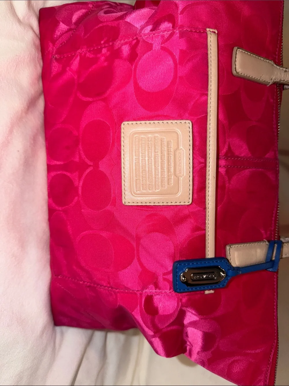 Coach Hot Pink Signature Nylon Tote with Tan Straps and Blue Trim #24862